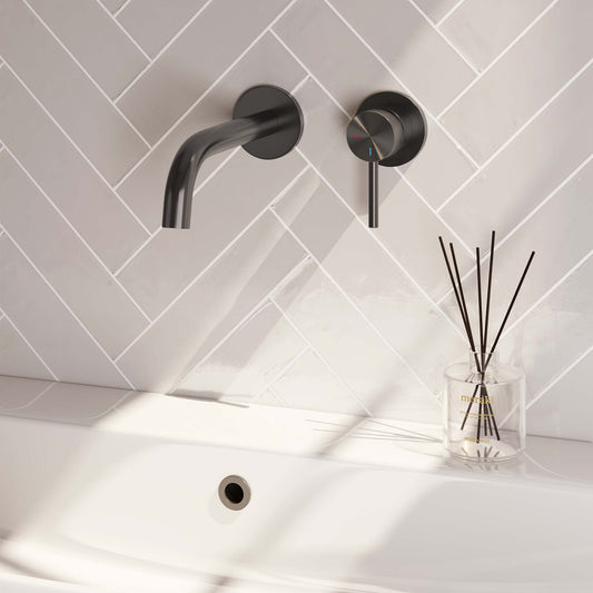 Brauer Gunmetal Carving inbouw wastafelkraan - gebogen uitloop - rozetten - hendel 1 rechts - geborsteld gunmetal PVD