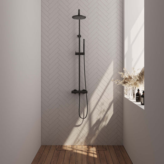 Regendouche Brauer Black Showerpipe met Thermostaat 20cm Mat Zwart