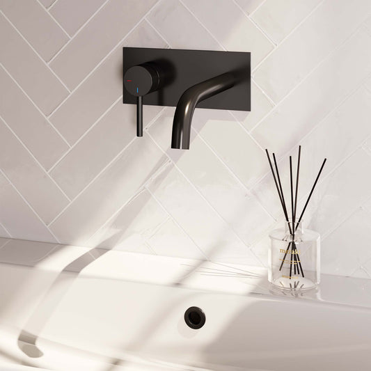 BRAUER Black Edition inbouw wastafelmengkraan met gebogen uitloop en afdekplaat model A2 mat zwart