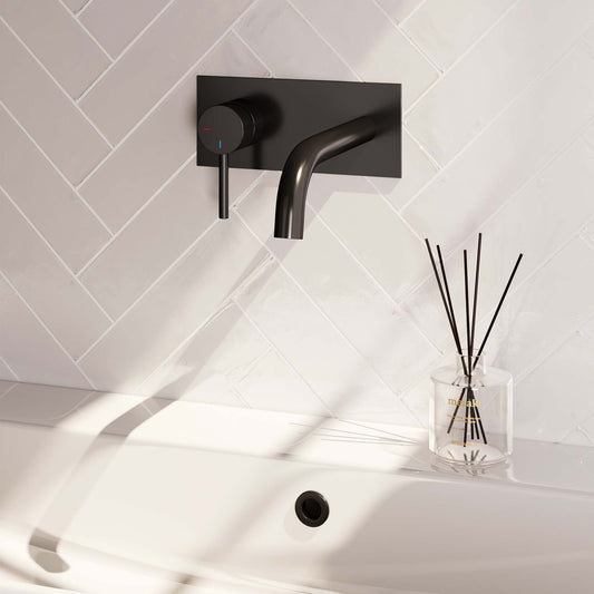 BRAUER Black Carving inbouw wastafelmengkraan met gebogen uitloop en afdekplaat model A2 mat zwart