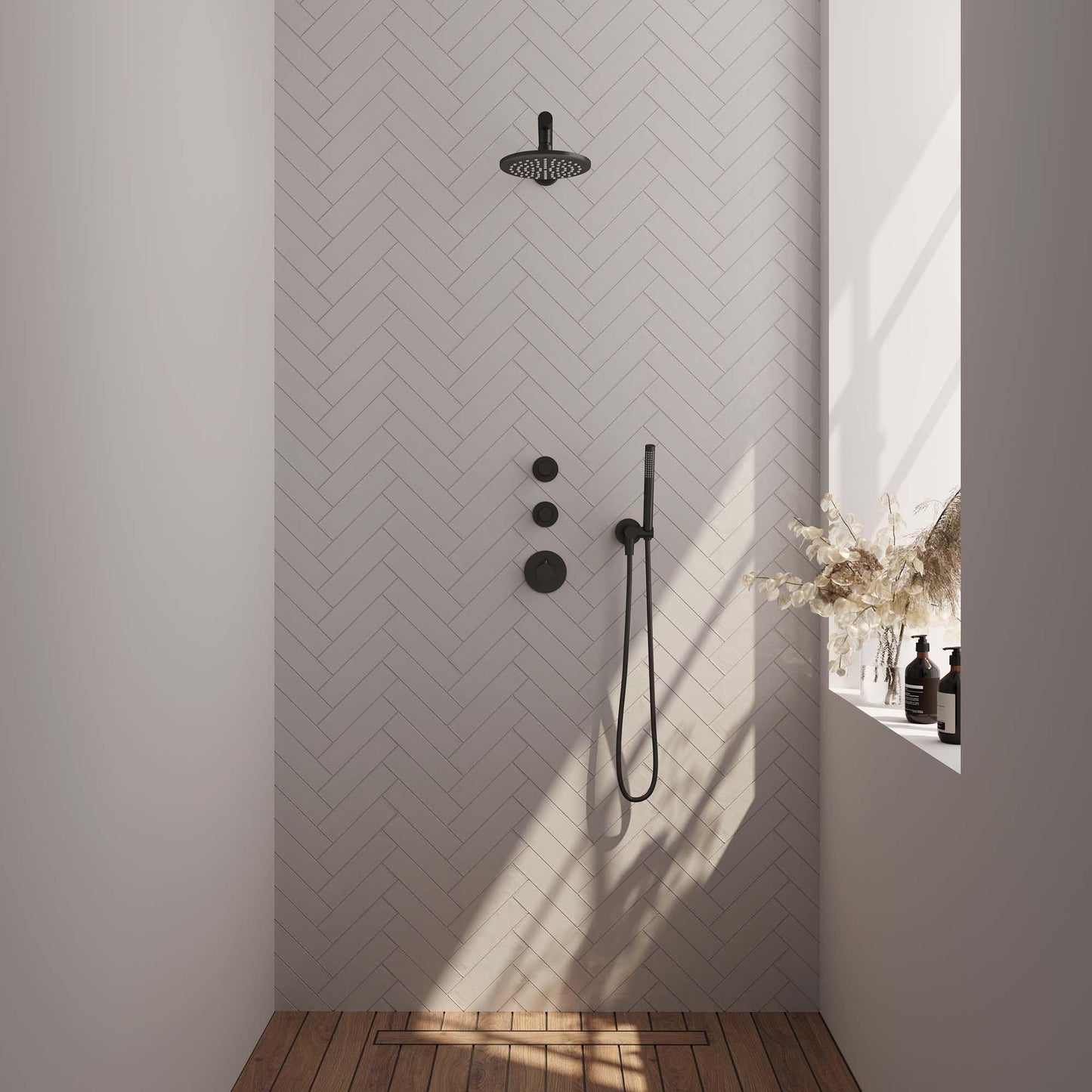 Brauer Black Edition complete inbouw regendouche met staafhanddouche, gebogen wandarm en hoofddouche 20cm set 3 zwart mat