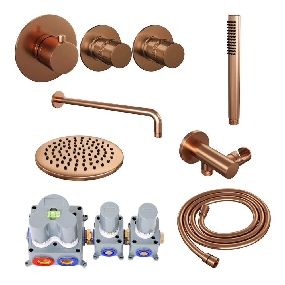 Brauer Copper Edition complete inbouw regendouche met staafhanddouche, gebogen wandarm en hoofddouche 20cm set 3 koper geborsteld PVD