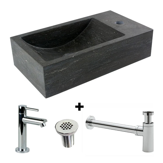 Fonteinset Sanilux Recto Hardsteen met kraan, waste & sifon 40x22x10cm (Kraangat Links)