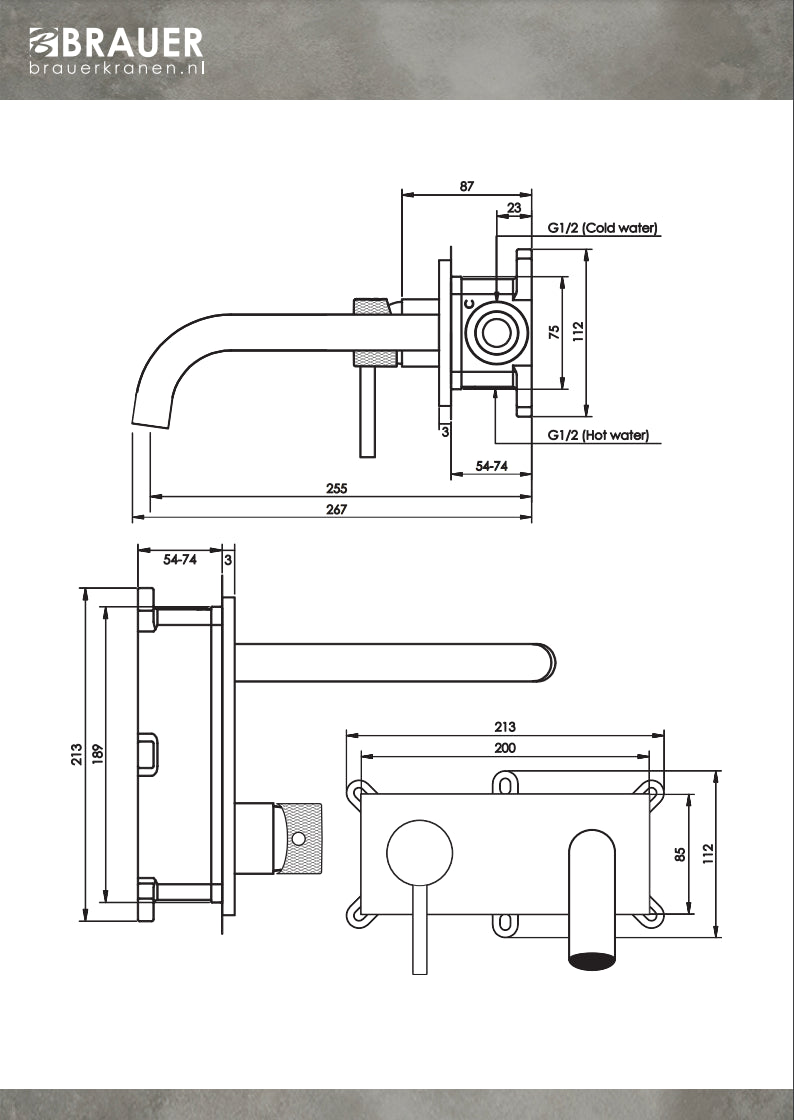 BRAUER Gold Carving inbouw wastafelmengkraan met gebogen uitloop en rozetten model A2 goud geborsteld PVD