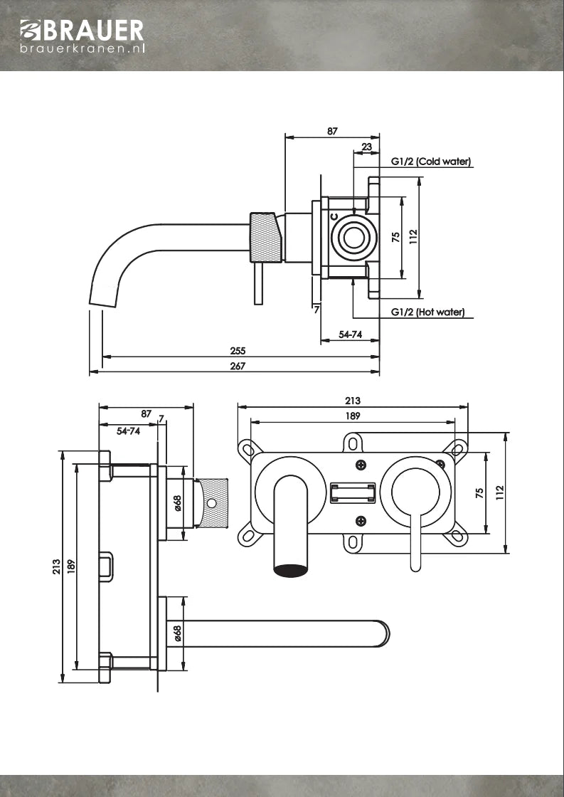 Brauer Copper Carving inbouw wastafelkraan - gebogen uitloop - rozetten - hendel 1 rechts - geborsteld koper PVD