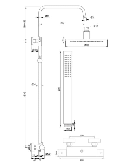 Regendoucheset Opbouw Brauer Gunmetal Edition 20 cm Thermostatisch met Staaf Handdouche Geborsteld Gunmetal