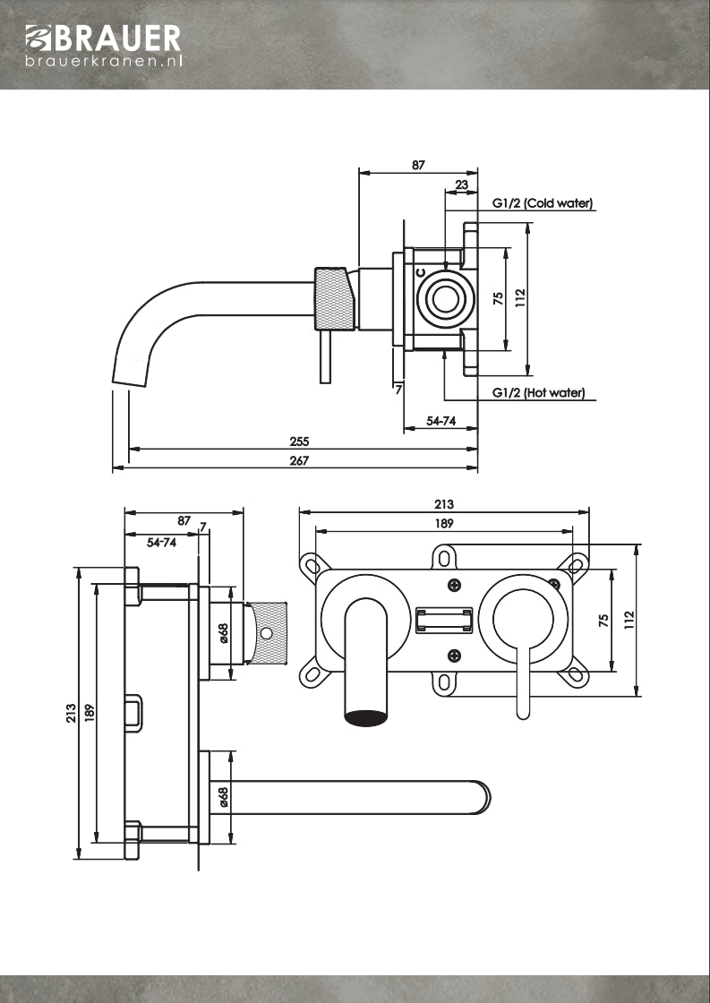 Brauer Chrome Carving inbouw wastafelkraan - gebogen uitloop - rozetten - hendel 1 rechts - chroom