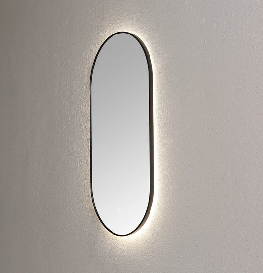 Spiegel ambiance ovaal Mat Zwart met indirecte LED verlichting, 3 kleur instelbaar & dimbaar 90x45x3 cm incl. spiegelverwarming